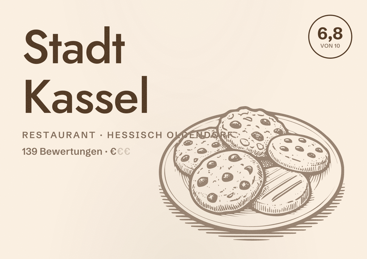 Illustriertes Poster von Stadt Kassel, Restaurant in Hessisch Oldendorf: Bewertung 6,8 von 10 aus 139 Bewertungen, Preisniveau €