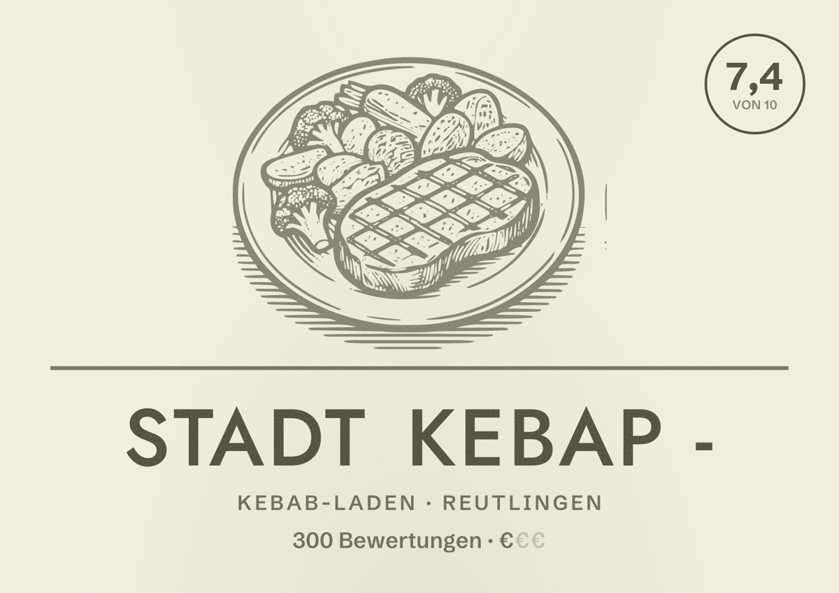 Illustriertes Poster von Stadt Kebap -, Kebab-Laden in Reutlingen: Bewertung 7,4 von 10 aus 300 Bewertungen, Preisniveau €