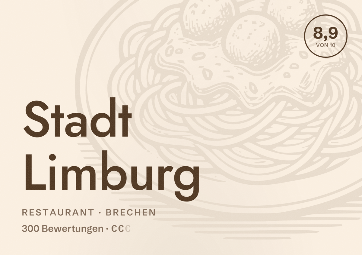Illustriertes Poster von Stadt Limburg, Restaurant in Brechen: Bewertung 8,9 von 10 aus 300 Bewertungen, Preisniveau €€