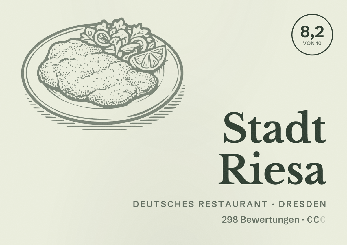 Illustriertes Poster von Stadt Riesa, Deutsches Restaurant in Dresden: Bewertung 8,2 von 10 aus 298 Bewertungen, Preisniveau €€