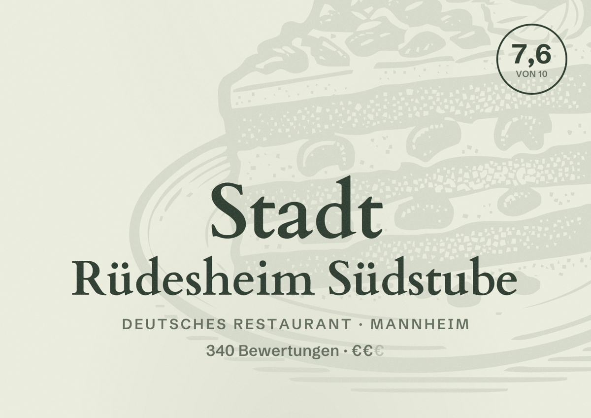 Illustriertes Poster von Stadt Rüdesheim Südstube, Deutsches Restaurant in Mannheim: Gästebewertung 7,6 von 10 aus 340 Bewertungen