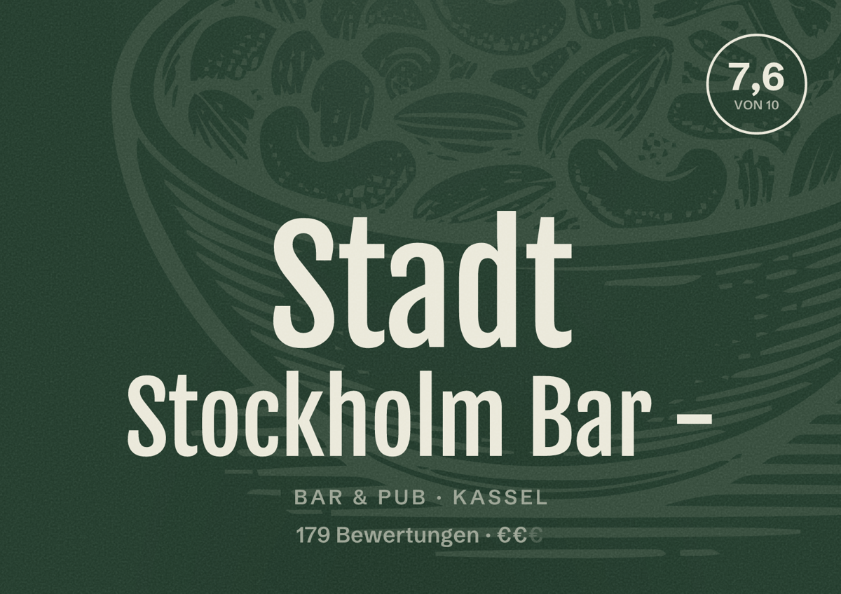 Illustriertes Poster von Stadt Stockholm Bar -, Bar & Pub in Kassel: Bewertung 7,6 von 10 aus 179 Bewertungen, Preisniveau €€
