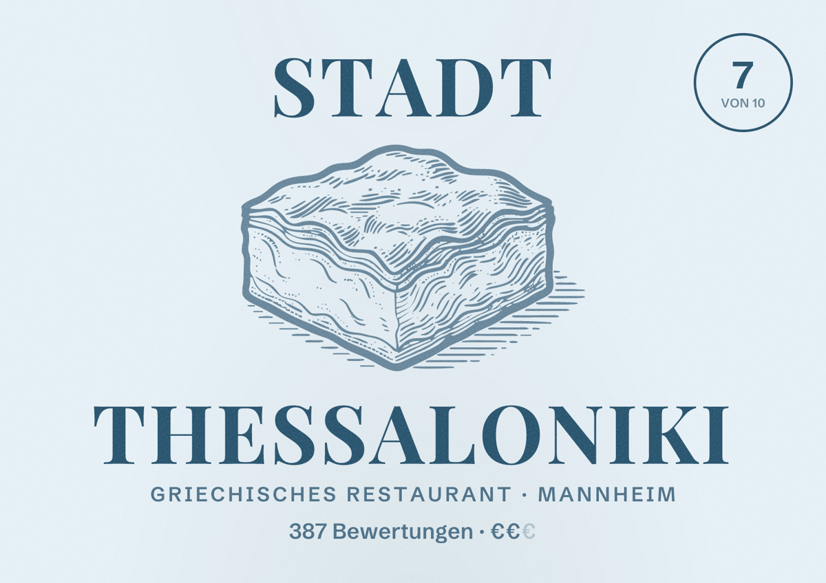 Illustriertes Poster von Stadt Thessaloniki, Griechisches Restaurant in Mannheim: Bewertung 7 von 10 aus 387 Bewertungen, Preisniveau €€