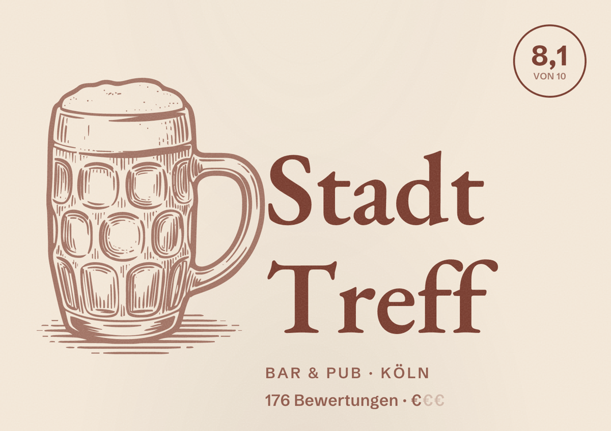 Illustriertes Poster von Stadt Treff, Bar & Pub in Köln: Bewertung 8,1 von 10 aus 176 Bewertungen, Preisniveau €