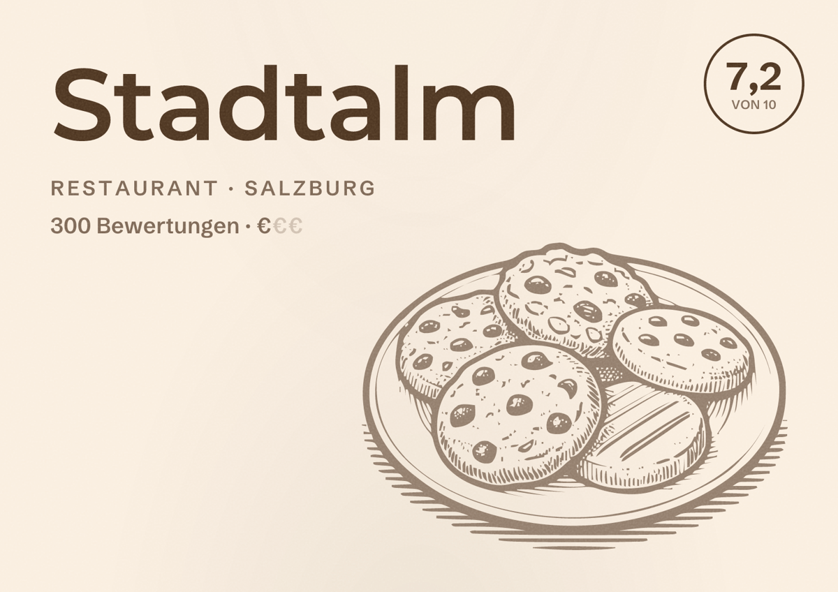 Illustriertes Poster von Stadtalm, Restaurant in Salzburg: Bewertung 7,2 von 10 aus 300 Bewertungen, Preisniveau €