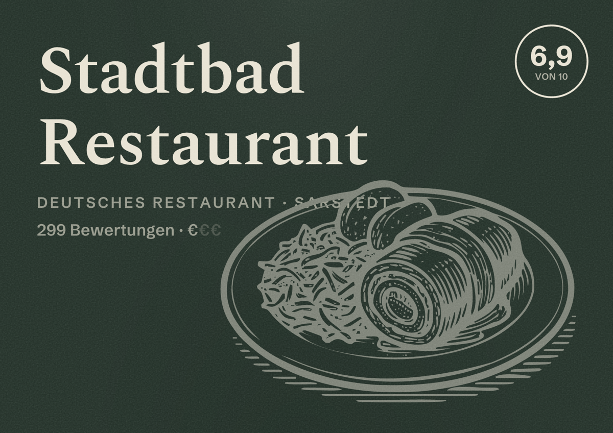 Illustriertes Poster von Stadtbad Restaurant, Deutsches Restaurant in Sarstedt: Bewertung 6,9 von 10 aus 299 Bewertungen, Preisniveau €