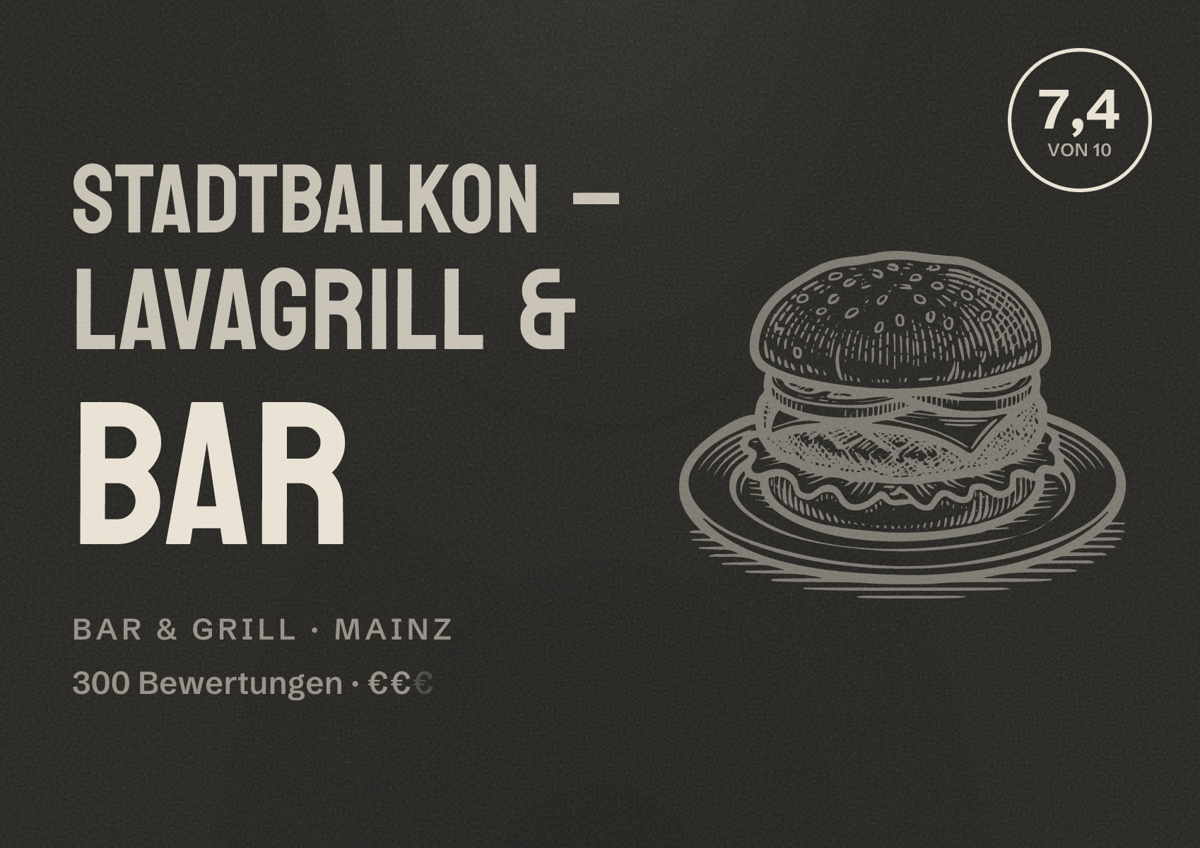 Illustriertes Poster von Stadtbalkon – Lavagrill & Bar, Bar & Grill in Mainz: Bewertung 7,4 von 10 aus 300 Bewertungen, Preisniveau €€