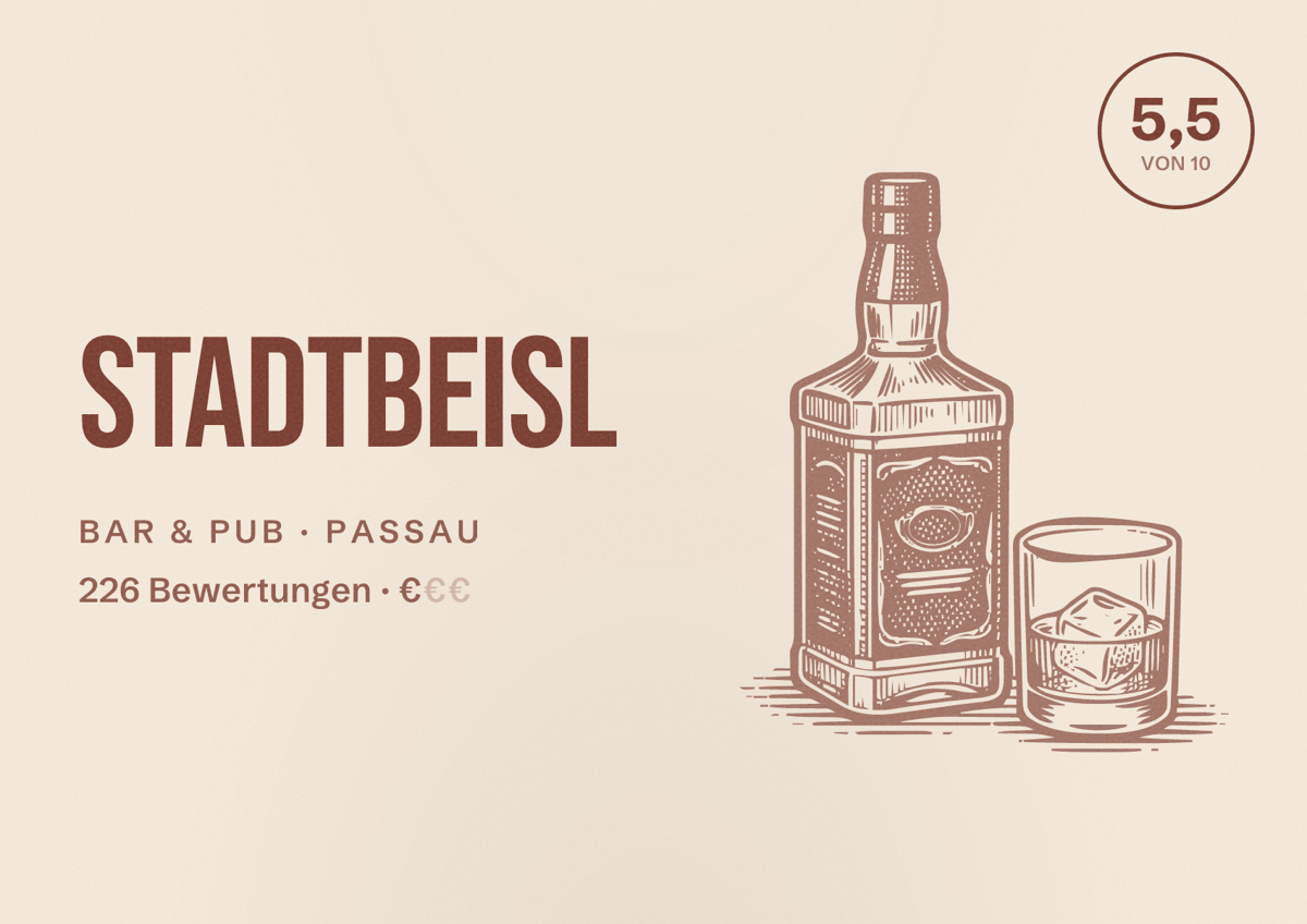 Illustriertes Poster von Stadtbeisl, Bar & Pub in Passau: Bewertung 5,5 von 10 aus 226 Bewertungen, Preisniveau €