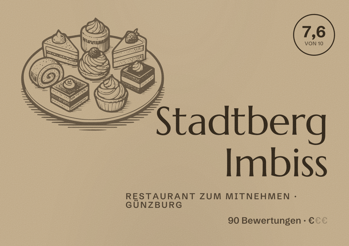 Illustriertes Poster von Stadtberg Imbiss, Restaurant zum Mitnehmen in Günzburg: Bewertung 7,6 von 10 aus 90 Bewertungen, Preisniveau €