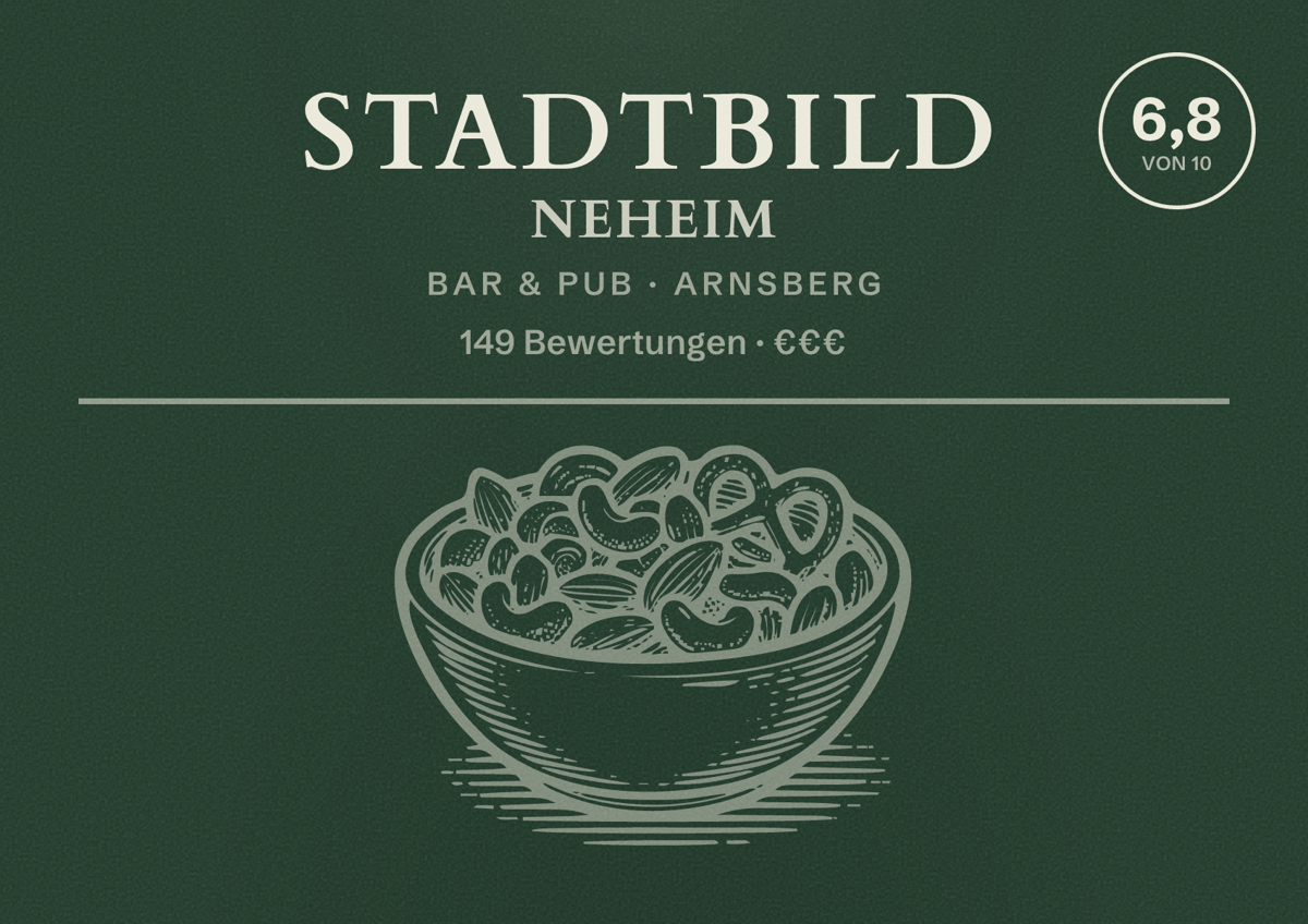 Illustriertes Poster von Stadtbild Neheim, Bar & Pub in Arnsberg: Bewertung 6,8 von 10 aus 149 Bewertungen, Preisniveau €€€