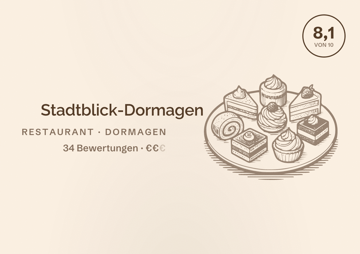 Illustriertes Poster von Stadtblick-Dormagen, Restaurant in Dormagen: Bewertung 8,1 von 10 aus 34 Bewertungen, Preisniveau €€