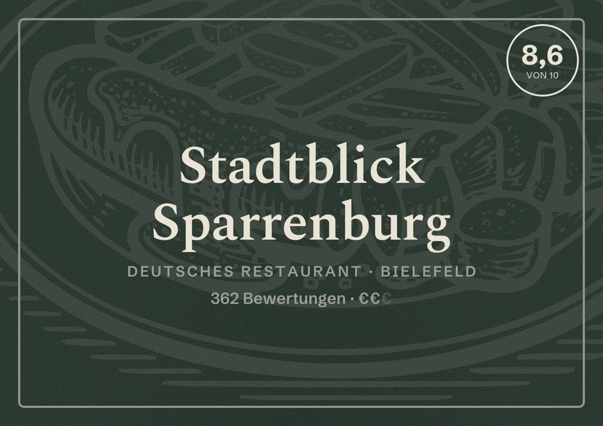 Illustriertes Poster von Stadtblick Sparrenburg, Deutsches Restaurant in Bielefeld: Bewertung 8,6 von 10 aus 362 Bewertungen, Preisniveau €€
