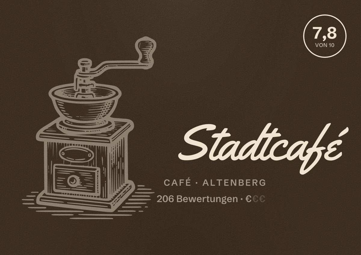 Illustriertes Poster von Stadtcafé, Café in Altenberg: Bewertung 7,8 von 10 aus 206 Bewertungen, Preisniveau €
