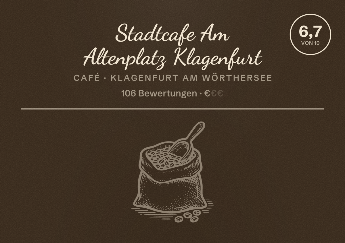 Illustriertes Poster von Stadtcafe Am Altenplatz Klagenfurt, Café in Klagenfurt am Wörthersee: Bewertung 6,7 von 10 aus 106 Bewertungen, Preisniveau €
