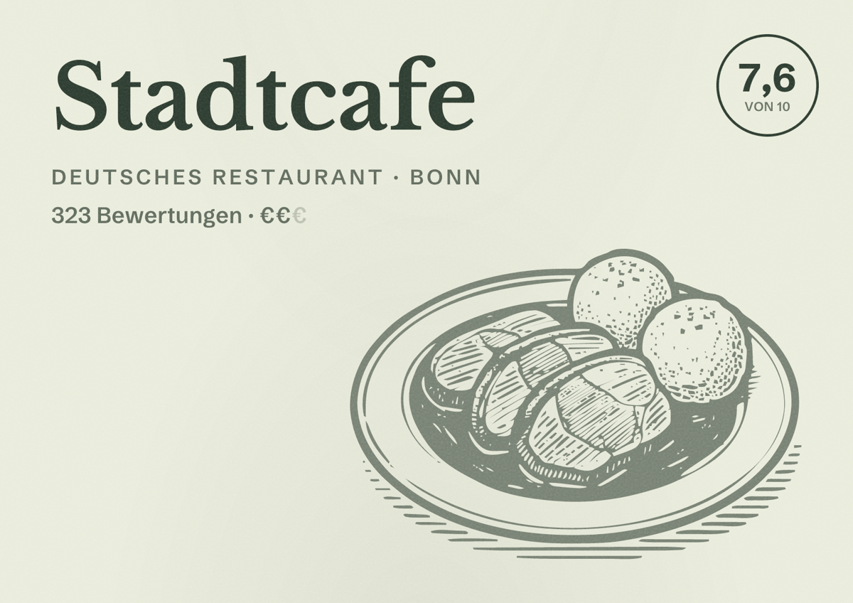 Illustriertes Poster von Stadtcafe, Deutsches Restaurant in Bonn: Bewertung 7,6 von 10 aus 323 Bewertungen, Preisniveau €€
