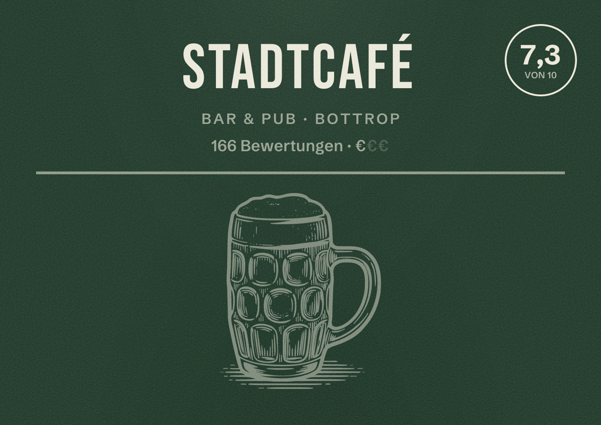 Illustriertes Poster von Stadtcafé, Bar & Pub in Bottrop: Bewertung 7,3 von 10 aus 166 Bewertungen, Preisniveau €