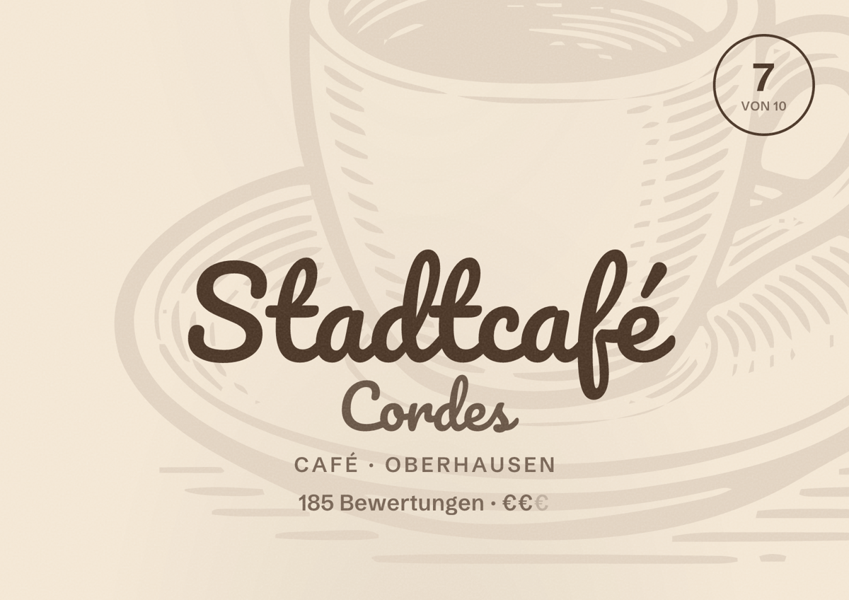 Illustriertes Poster von Stadtcafé Cordes, Café in Oberhausen: Bewertung 7 von 10 aus 185 Bewertungen, Preisniveau €€