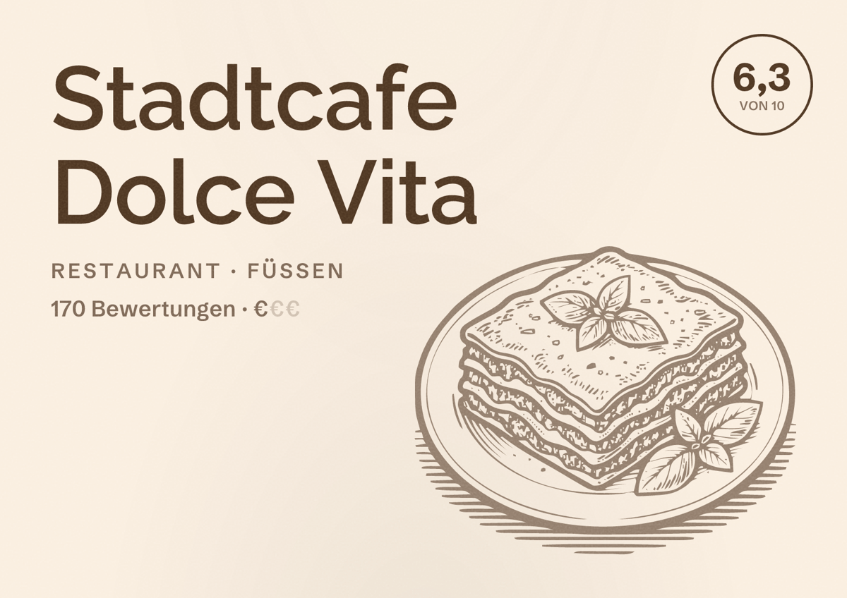 Illustriertes Poster von Stadtcafe Dolce Vita, Restaurant in Füssen: Bewertung 6,3 von 10 aus 170 Bewertungen, Preisniveau €