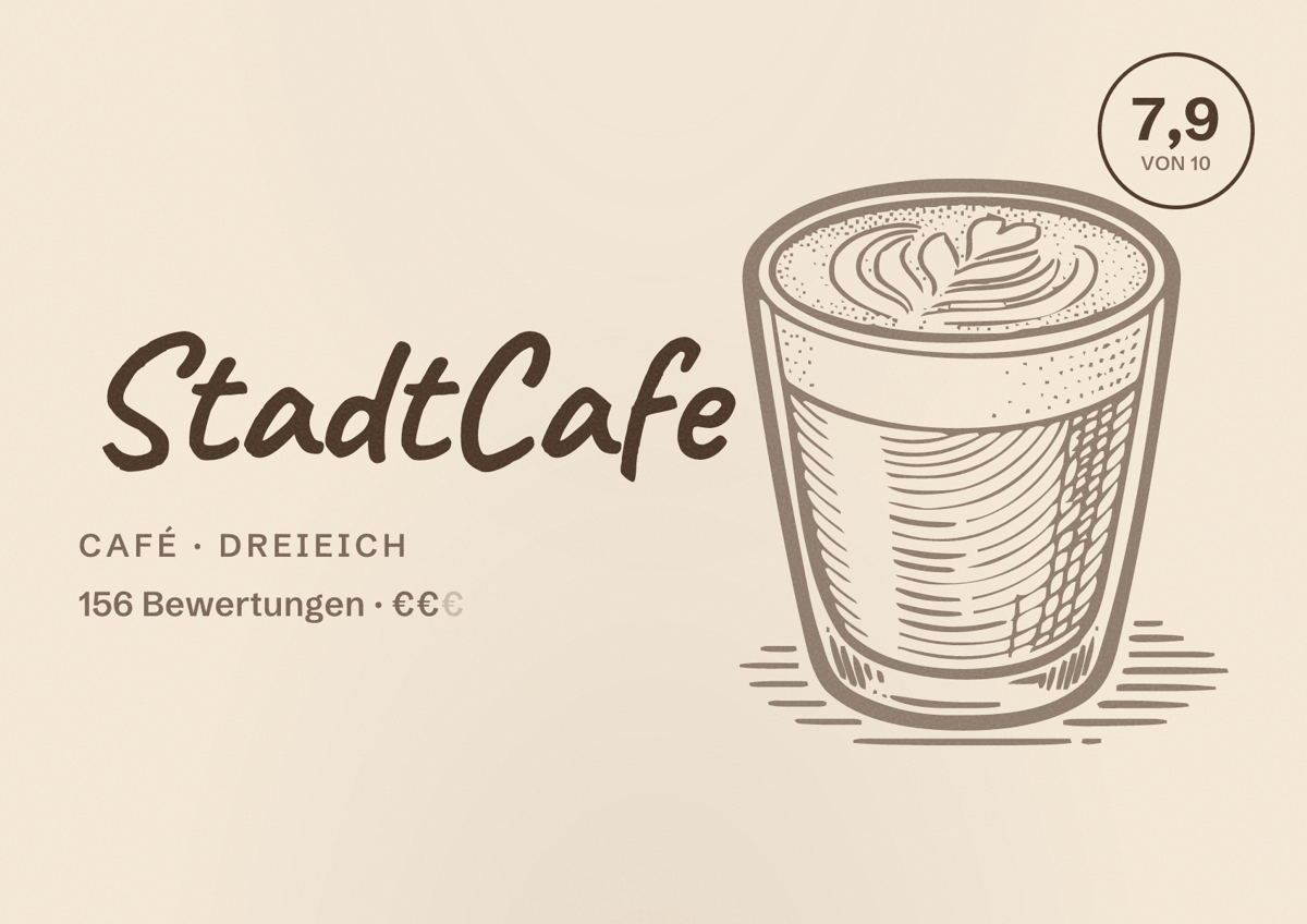 Illustriertes Poster von StadtCafe, Café in Dreieich: Bewertung 7,9 von 10 aus 156 Bewertungen, Preisniveau €€