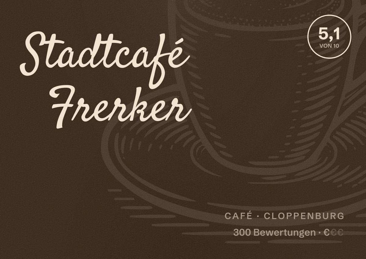 Illustriertes Poster von Stadtcafé Frerker, Café in Cloppenburg: Bewertung 5,1 von 10 aus 300 Bewertungen, Preisniveau €