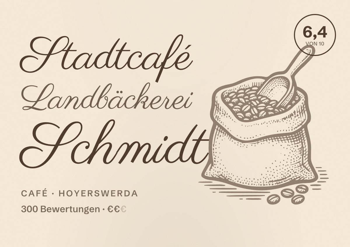 Illustriertes Poster von Stadtcafé Landbäckerei Schmidt, Café in Hoyerswerda: Bewertung 6,4 von 10 aus 300 Bewertungen, Preisniveau €€