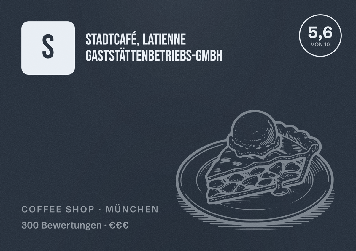 Illustriertes Poster von Stadtcafé, LaTienne Gaststättenbetriebs-GmbH, Coffee Shop in München: Bewertung 5,6 von 10 aus 300 Bewertungen, Preisniveau €€€