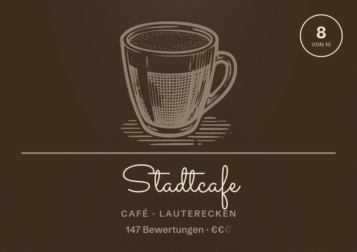Illustriertes Poster von Stadtcafe, Café in Lauterecken: Bewertung 8 von 10 aus 147 Bewertungen, Preisniveau €€