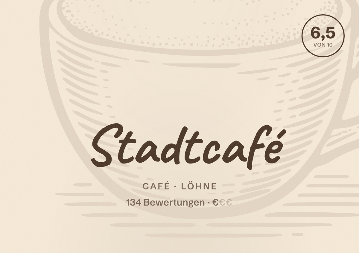 Illustriertes Poster von Stadtcafé, Café in Löhne: Bewertung 6,5 von 10 aus 134 Bewertungen, Preisniveau €