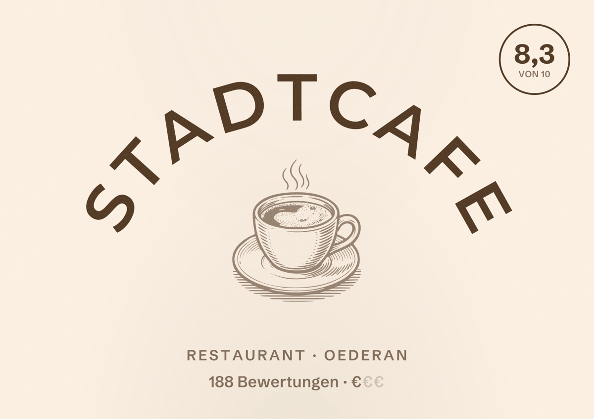 Illustriertes Poster von Stadtcafe, Restaurant in Oederan: Bewertung 8,3 von 10 aus 188 Bewertungen, Preisniveau €