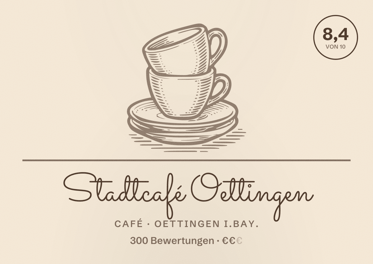Illustriertes Poster von Stadtcafé Oettingen, Café in Oettingen i.Bay.: Bewertung 8,4 von 10 aus 300 Bewertungen, Preisniveau €€