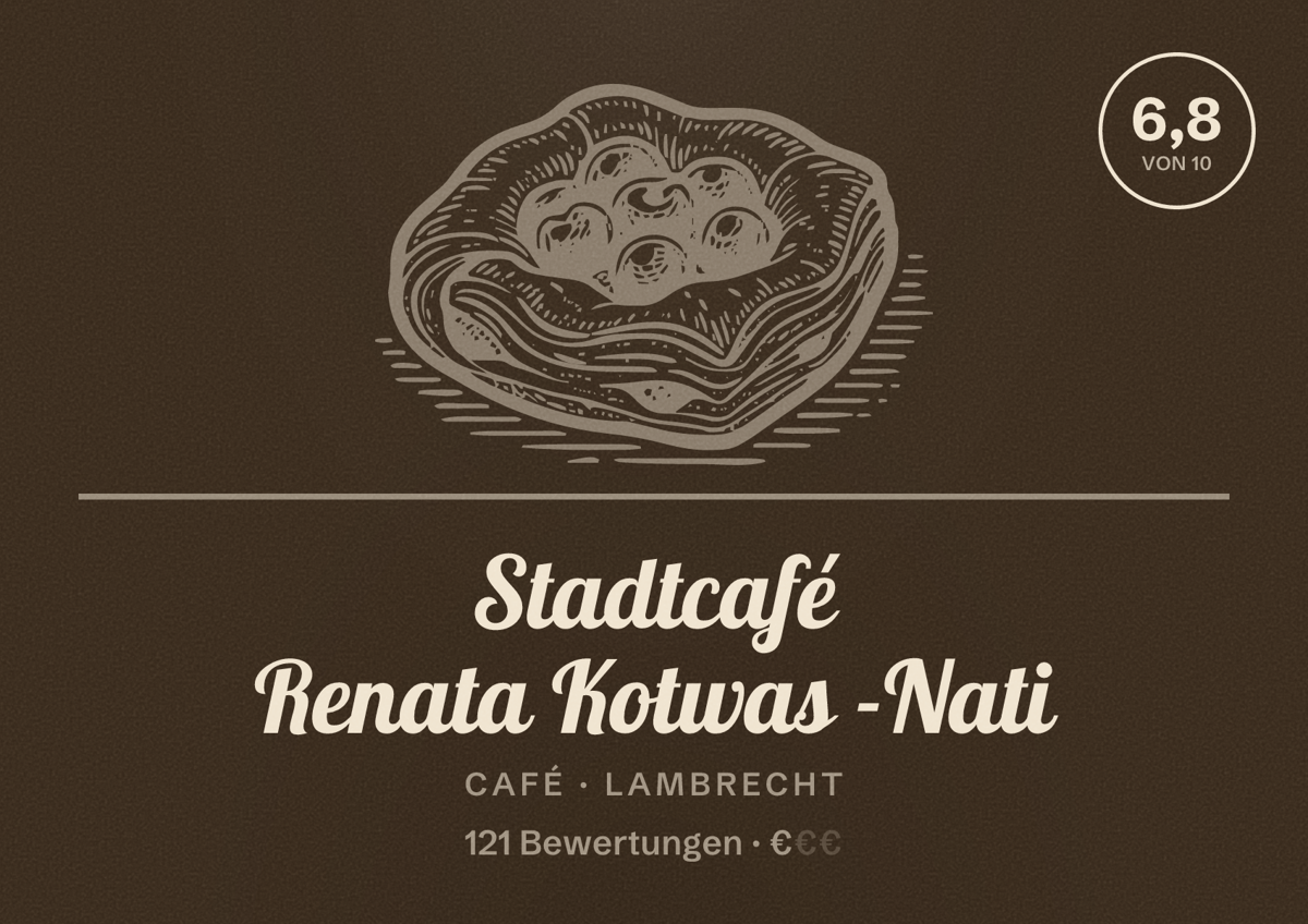 Illustriertes Poster von Stadtcafé Renata Kotwas -Nati, Café in Lambrecht: Bewertung 6,8 von 10 aus 121 Bewertungen, Preisniveau €