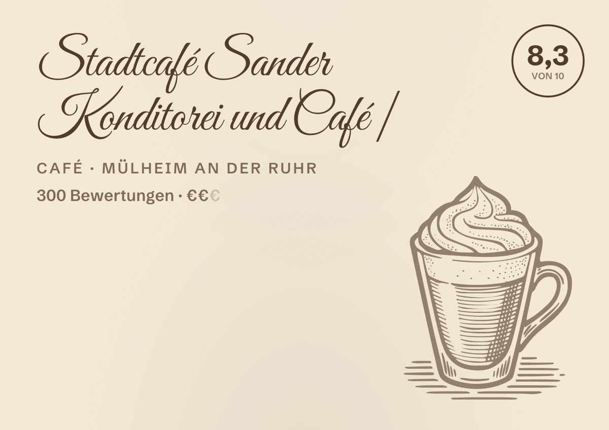 Illustriertes Poster von Stadtcafé Sander Konditorei und Café |, Café in Mülheim an der Ruhr: Bewertung 8,3 von 10 aus 300 Bewertungen, Preisniveau €€