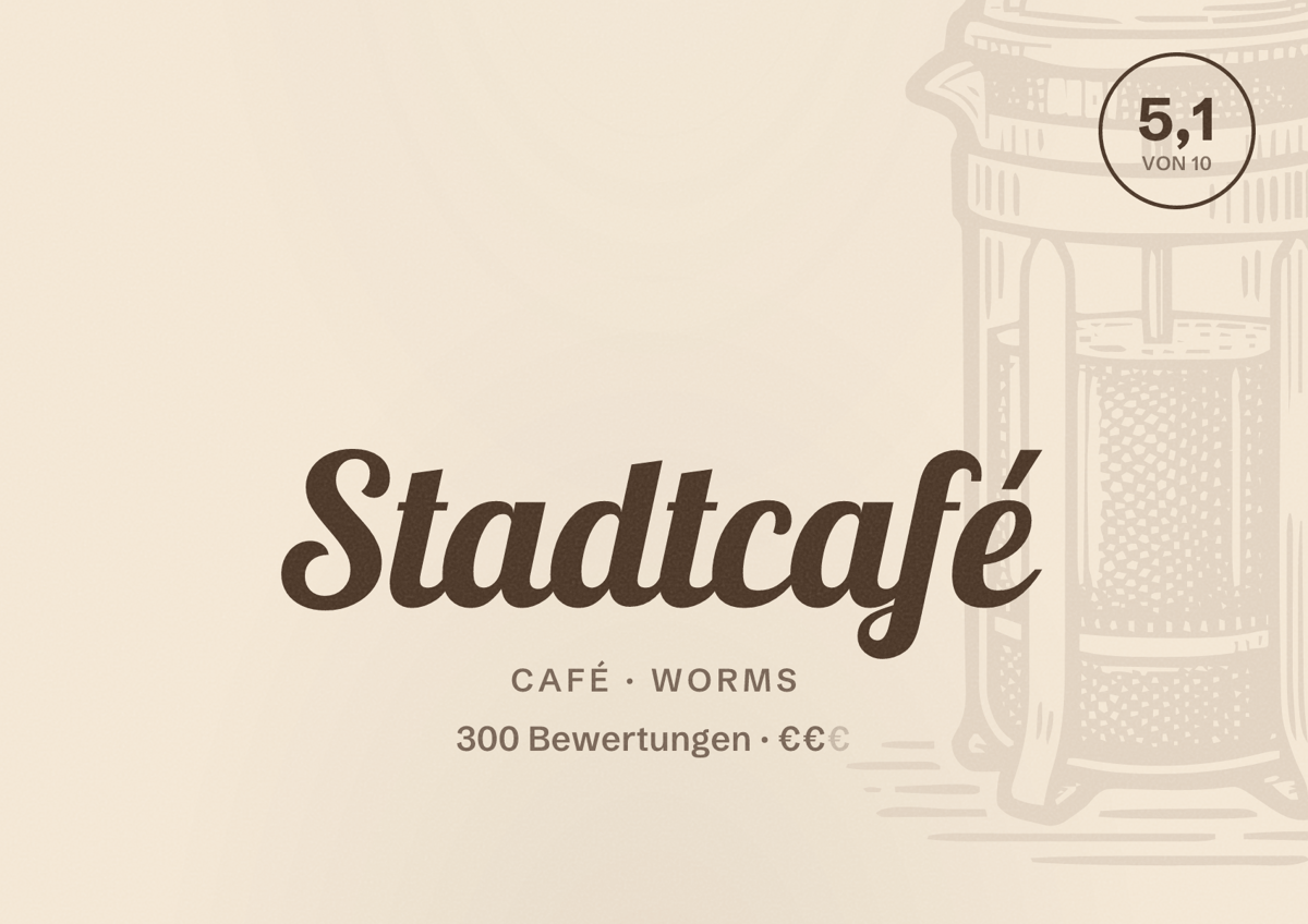 Illustriertes Poster von Stadtcafé, Café in Worms: Bewertung 5,1 von 10 aus 300 Bewertungen, Preisniveau €€