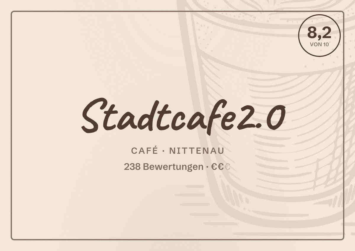 Illustriertes Poster von Stadtcafe2.0, Café in Nittenau: Bewertung 8,2 von 10 aus 238 Bewertungen, Preisniveau €€