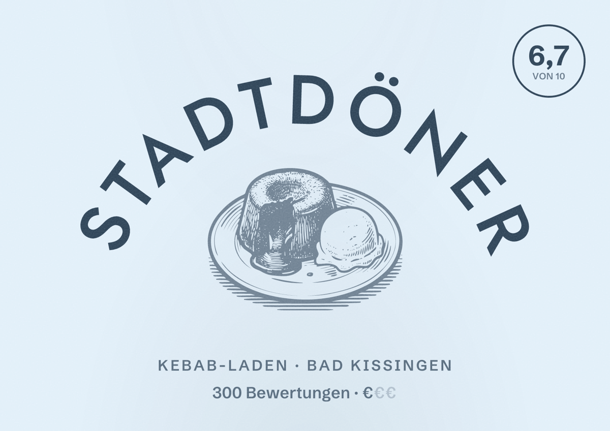 Illustriertes Poster von Stadtdöner, Kebab-Laden in Bad Kissingen: Bewertung 6,7 von 10 aus 300 Bewertungen, Preisniveau €