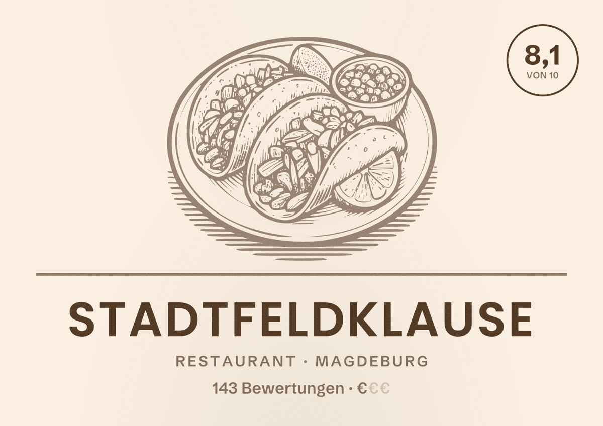 Illustriertes Poster von Stadtfeldklause, Restaurant in Magdeburg: Bewertung 8,1 von 10 aus 143 Bewertungen, Preisniveau €
