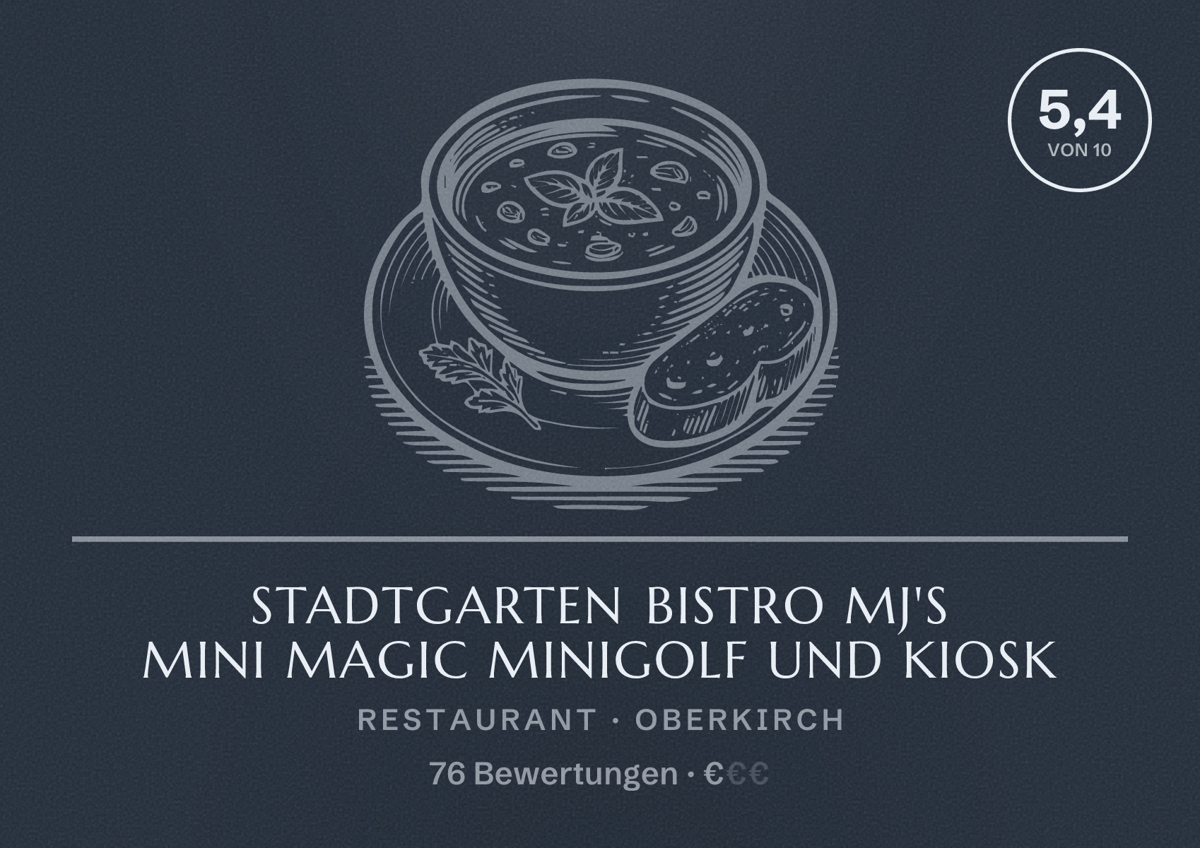 Illustriertes Poster von Stadtgarten Bistro MJ's mini Magic Minigolf und Kiosk, Restaurant in Oberkirch: Bewertung 5,4 von 10 aus 76 Bewertungen, Preisniveau €