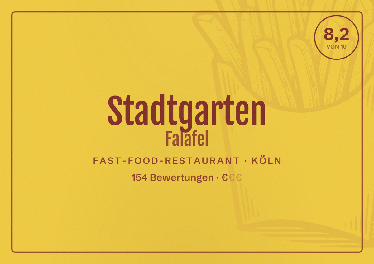 Illustriertes Poster von Stadtgarten Falafel, Fast-Food-Restaurant in Köln: Bewertung 8,2 von 10 aus 154 Bewertungen, Preisniveau €