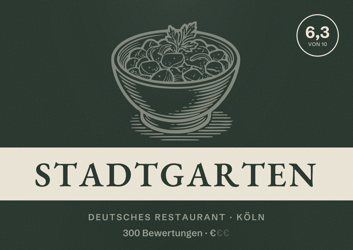 Illustriertes Poster von Stadtgarten, Deutsches Restaurant in Köln: Bewertung 6,3 von 10 aus 300 Bewertungen, Preisniveau €