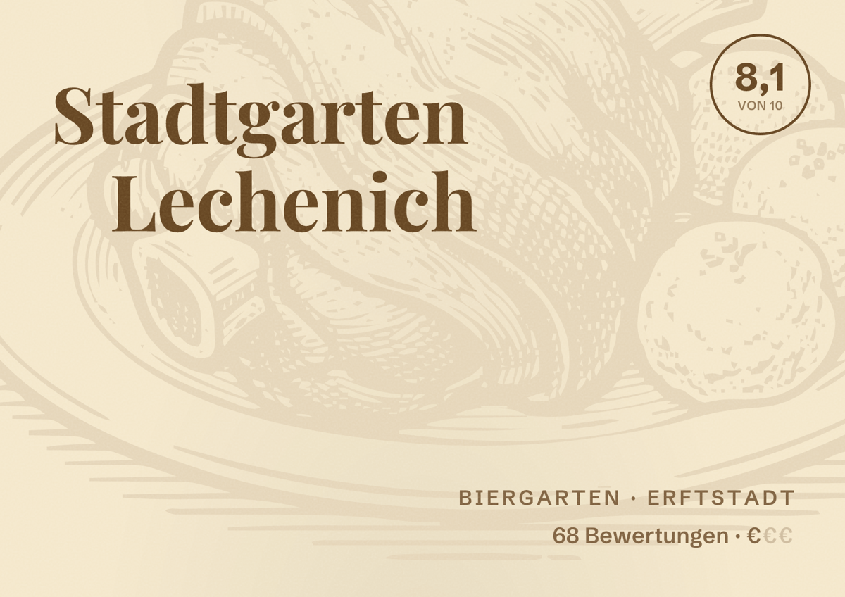 Illustriertes Poster von Stadtgarten Lechenich, Biergarten in Erftstadt: Bewertung 8,1 von 10 aus 68 Bewertungen, Preisniveau €