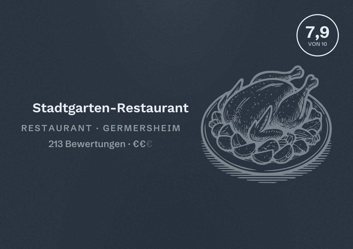 Illustriertes Poster von Stadtgarten-Restaurant, Restaurant in Germersheim: Bewertung 7,9 von 10 aus 213 Bewertungen, Preisniveau €€