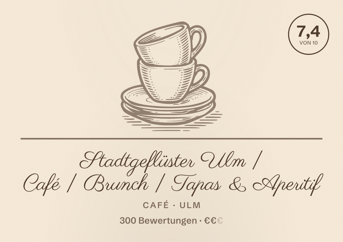 Illustriertes Poster von Stadtgeflüster Ulm | Café | Brunch | Tapas & Aperitif, Café in Ulm: Bewertung 7,4 von 10 aus 300 Bewertungen, Preisniveau €€