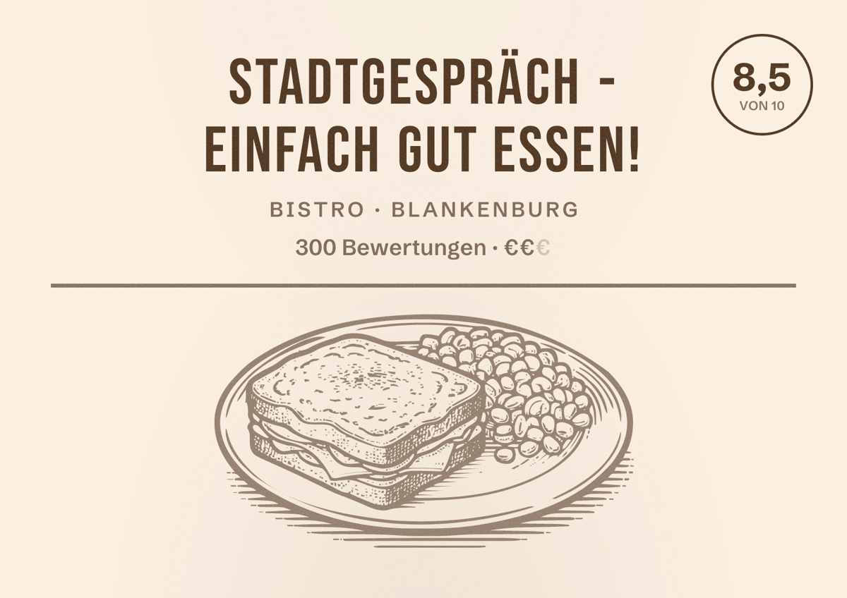 Illustriertes Poster von Stadtgespräch - einfach gut essen!, Bistro in Blankenburg: Bewertung 8,5 von 10 aus 300 Bewertungen, Preisniveau €€