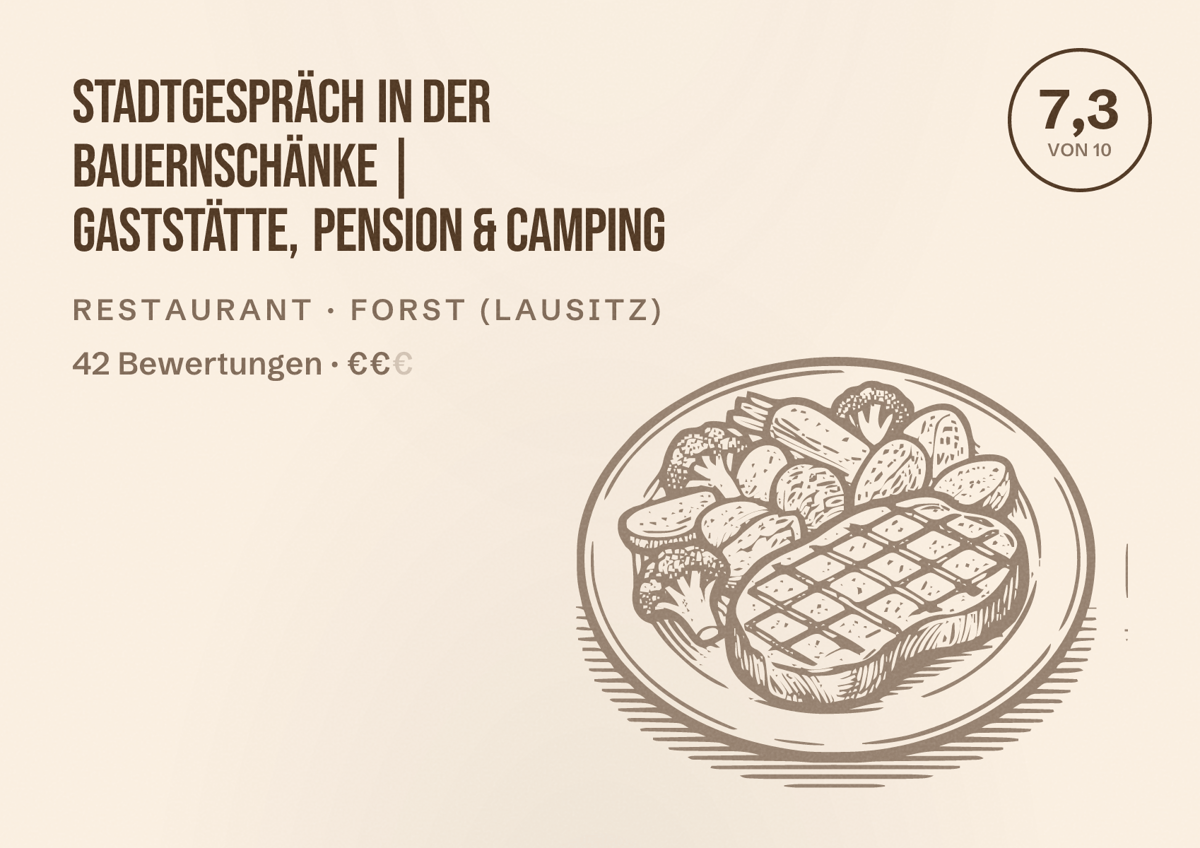 Illustriertes Poster von Stadtgespräch in der Bauernschänke | Gaststätte, Pension & Camping, Restaurant in Forst (Lausitz): Bewertung 7,3 von 10 aus 42 Bewertungen, Preisniveau €€
