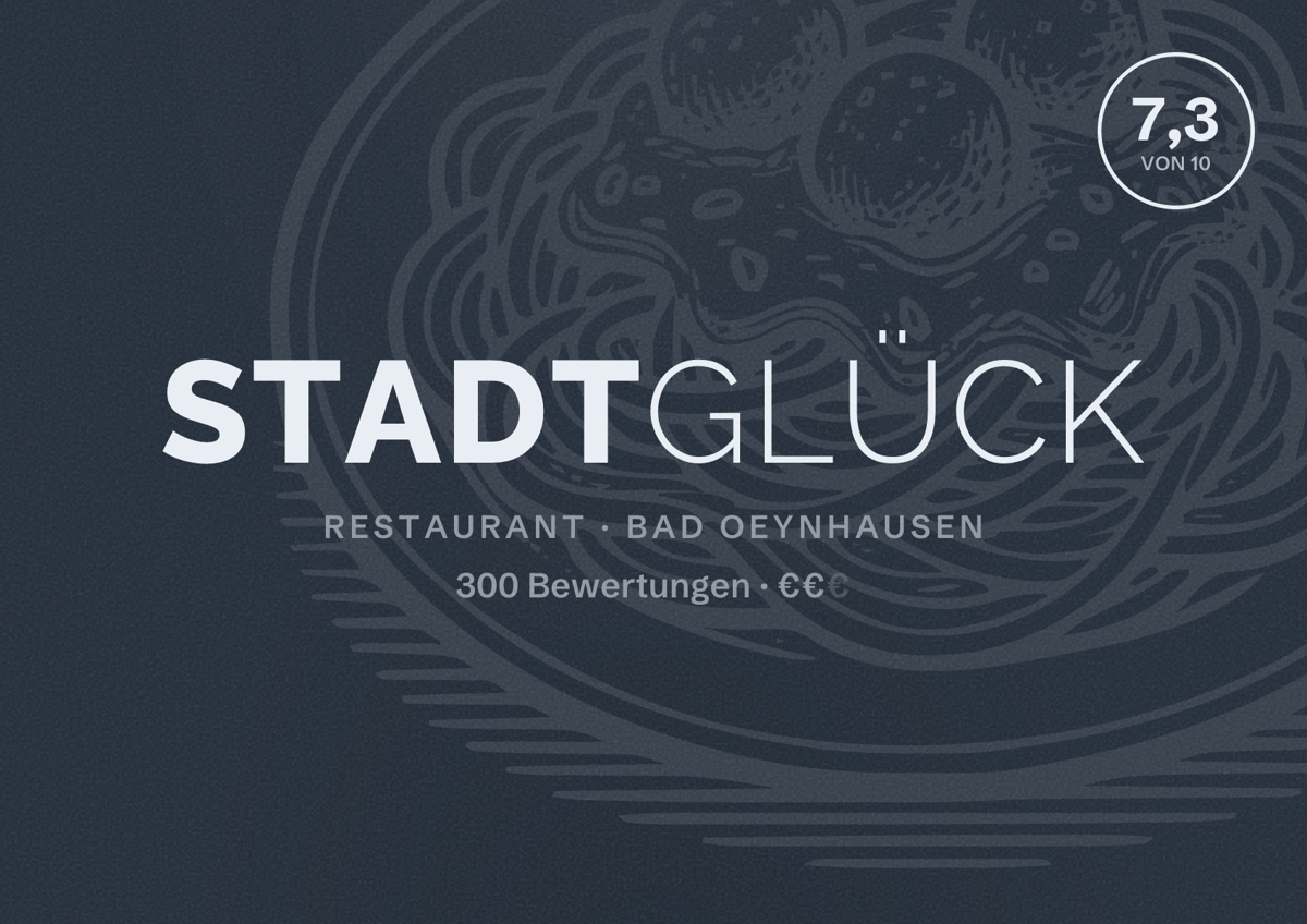Illustriertes Poster von Stadtglück, Restaurant in Bad Oeynhausen: Bewertung 7,3 von 10 aus 300 Bewertungen, Preisniveau €€