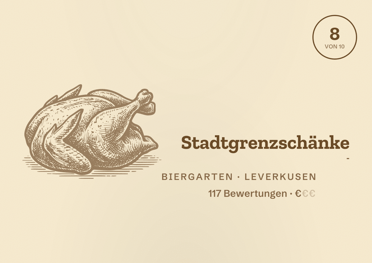 Illustriertes Poster von Stadtgrenzschänke -, Biergarten in Leverkusen: Bewertung 8 von 10 aus 117 Bewertungen, Preisniveau €