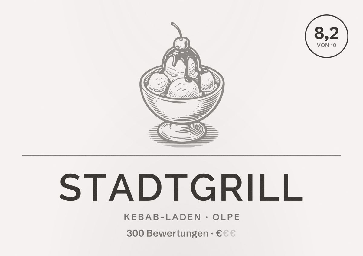 Illustriertes Poster von Stadtgrill, Kebab-Laden in Olpe: Bewertung 8,2 von 10 aus 300 Bewertungen, Preisniveau €