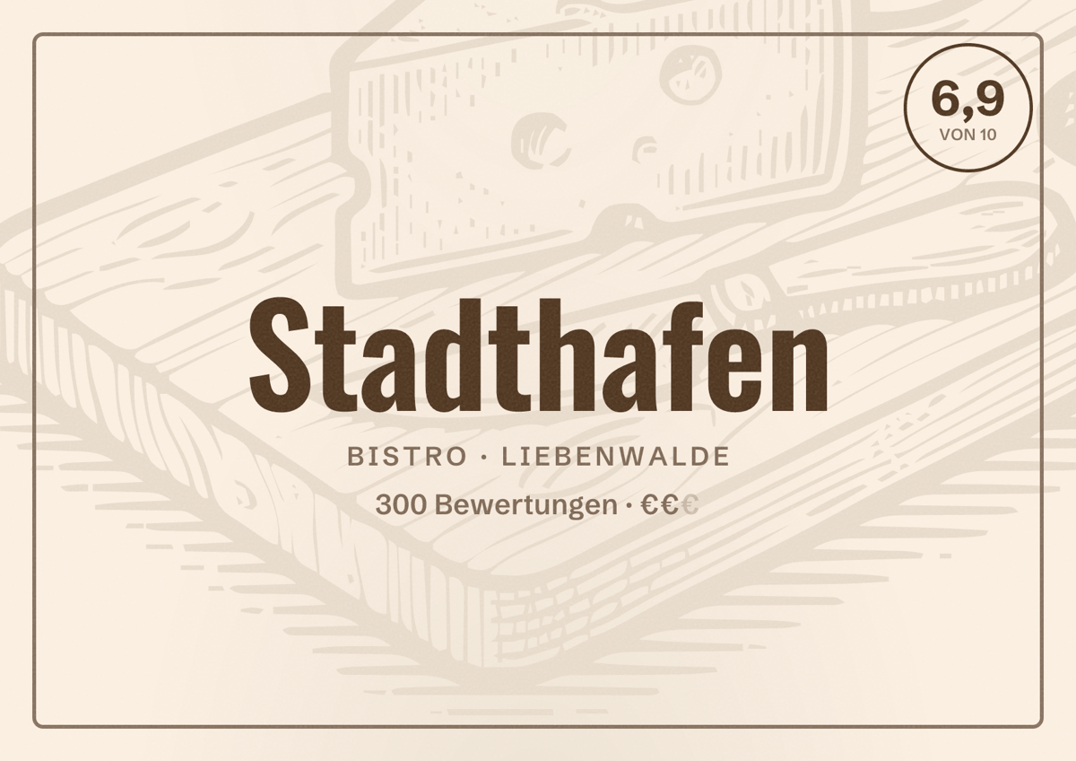 Illustriertes Poster von Stadthafen, Bistro in Liebenwalde: Bewertung 6,9 von 10 aus 300 Bewertungen, Preisniveau €€