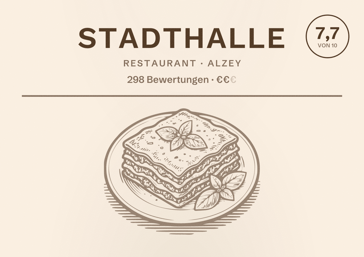 Illustriertes Poster von Stadthalle, Restaurant in Alzey: Bewertung 7,7 von 10 aus 298 Bewertungen, Preisniveau €€