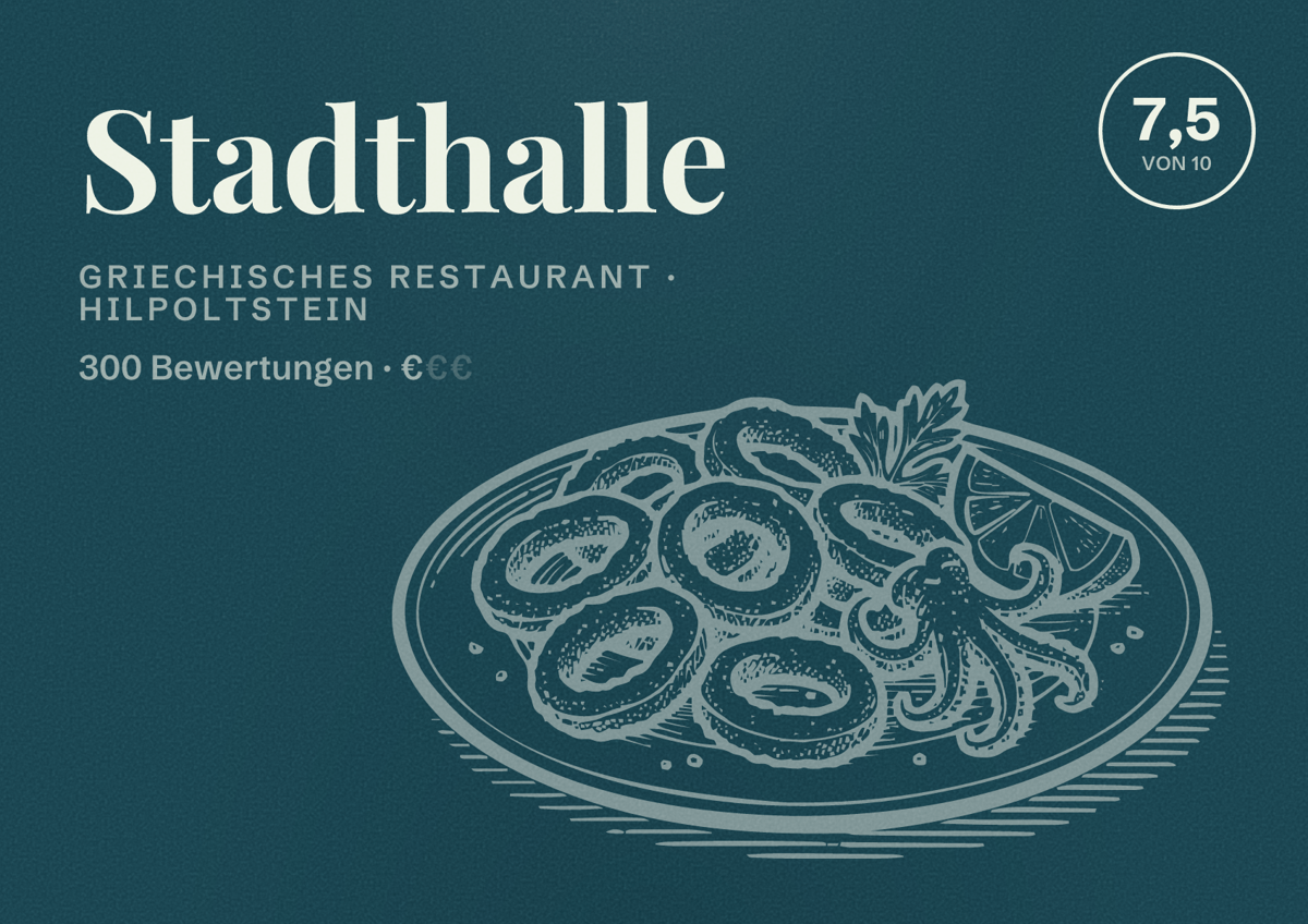 Illustriertes Poster von Stadthalle, Griechisches Restaurant in Hilpoltstein: Bewertung 7,5 von 10 aus 300 Bewertungen, Preisniveau €